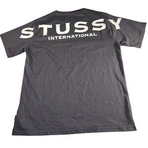 Y2K Stussy Mens Gray International Spellout Graphic T-Shirt Size Medium